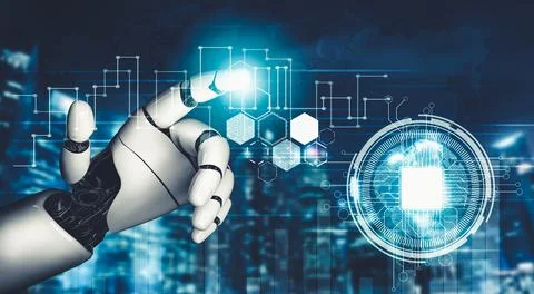 Futuristic AI thinking of droid robot artificial intelligence concept 库存插图