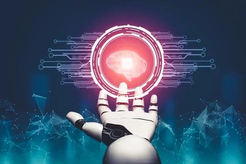 Futuristic AI thinking of droid robot artificial intelligence concept Stock Illustration