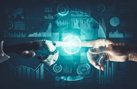 Futuristic AI thinking of droid robot artificial intelligence concept Stock Illustration