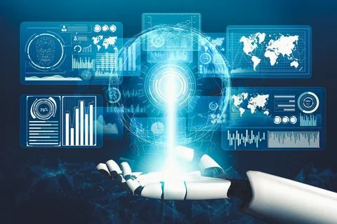 Futuristic AI thinking of droid robot artificial intelligence concept Stock Illustration