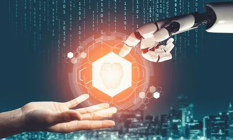 Futuristic AI thinking of droid robot artificial intelligence concept Stock Illustration