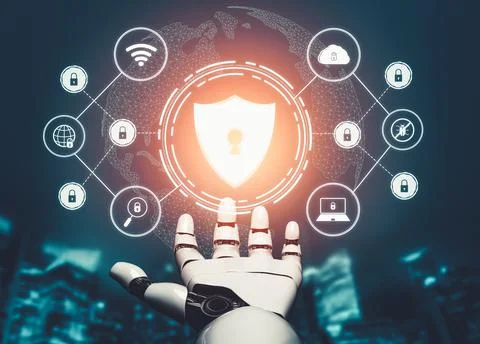 Futuristic AI thinking of droid robot artificial intelligence concept Stock Illustration