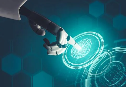 Futuristic AI thinking of droid robot artificial intelligence concept Stock Illustration