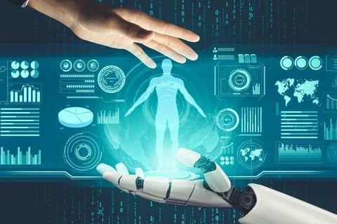 Futuristic AI thinking of droid robot artificial intelligence concept 库存插图