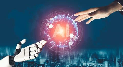 Futuristic AI thinking of droid robot artificial intelligence concept Stock Illustration