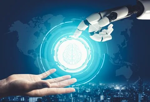 Futuristic AI thinking of droid robot artificial intelligence concept Stock Illustration