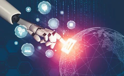 Futuristic AI thinking of droid robot artificial intelligence concept Stock Illustration