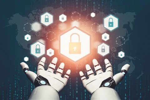 Futuristic AI thinking of droid robot artificial intelligence concept Stock Illustration