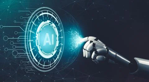 Futuristic AI thinking of droid robot artificial intelligence concept Stock Illustration