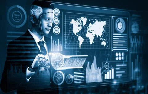Futuristic AI thinking of droid robot artificial intelligence concept Stock Illustration