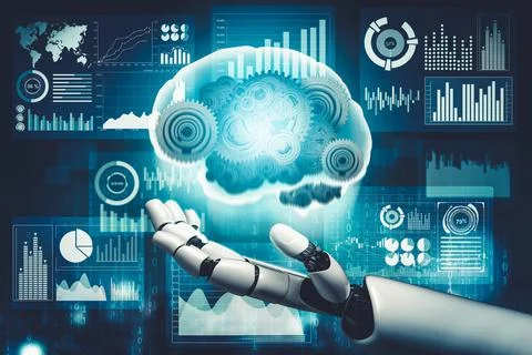 Futuristic AI thinking of droid robot artificial intelligence concept 스톡 일러스트