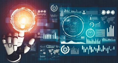 Futuristic AI thinking of droid robot artificial intelligence concept Illustrazione stock