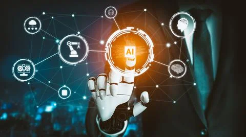 Futuristic AI thinking of droid robot artificial intelligence concept Stockillustratie