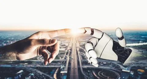 Futuristic AI thinking of droid robot artificial intelligence concept Stock Illustration