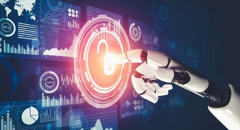 Futuristic AI thinking of droid robot artificial intelligence concept Stock Illustration