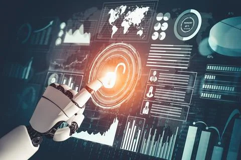 Futuristic AI thinking of droid robot artificial intelligence concept Stock Illustration