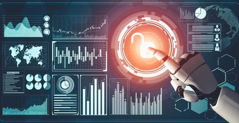 Futuristic AI thinking of droid robot artificial intelligence concept Stock Illustration