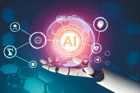 Futuristic AI thinking of droid robot artificial intelligence concept Illustrazione stock