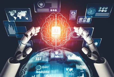 Futuristic AI thinking of droid robot artificial intelligence concept 스톡 일러스트