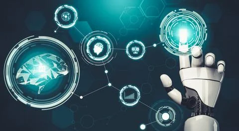 Futuristic AI thinking of droid robot artificial intelligence concept 库存插图