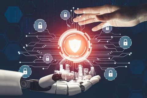 Futuristic AI thinking of droid robot artificial intelligence concept Stock Illustration