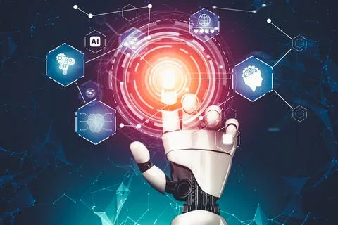 Futuristic AI thinking of droid robot artificial intelligence concept Stockillustratie