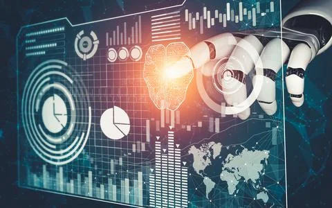 Futuristic AI thinking of droid robot artificial intelligence concept Illustrazione stock