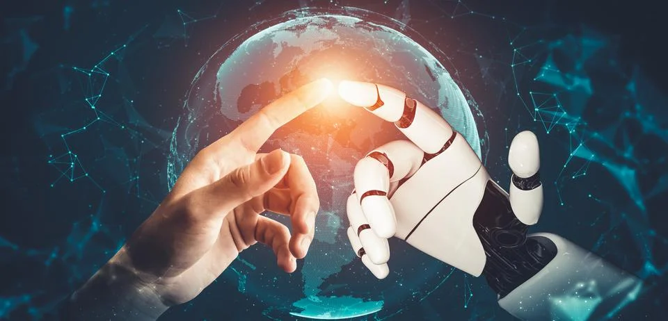 Futuristic AI thinking of droid robot artificial intelligence concept Illustrazione stock
