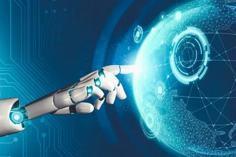 Futuristic AI thinking of droid robot artificial intelligence concept 스톡 일러스트