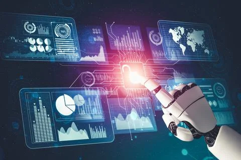 Futuristic AI thinking of droid robot artificial intelligence concept Stock Illustration