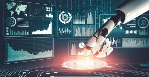 Futuristic AI thinking of droid robot artificial intelligence concept Stock Illustration