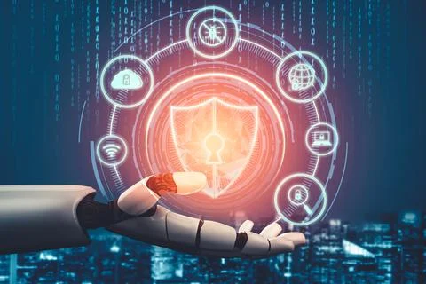 Futuristic AI thinking of droid robot artificial intelligence concept Stock Illustration