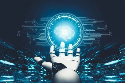 Futuristic AI thinking of droid robot artificial intelligence concept Stockillustratie