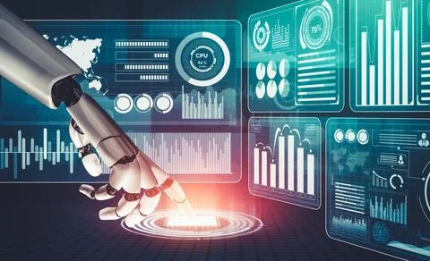 Futuristic AI thinking of droid robot artificial intelligence concept 스톡 일러스트