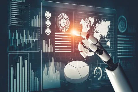 Futuristic AI thinking of droid robot artificial intelligence concept Illustrazione stock