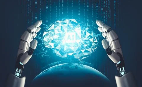 Futuristic AI thinking of droid robot artificial intelligence concept Stockillustratie