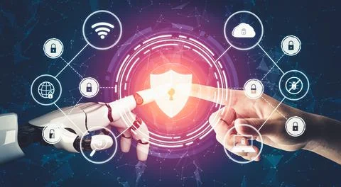 Futuristic AI thinking of droid robot artificial intelligence concept Stock-Illustration