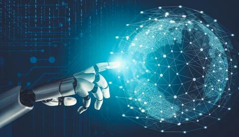 Futuristic AI thinking of droid robot artificial intelligence concept Stock Illustration