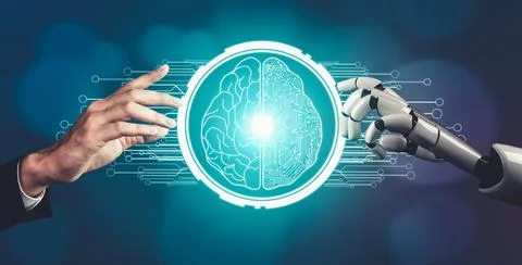 Futuristic AI thinking of droid robot artificial intelligence concept Illustrazione stock