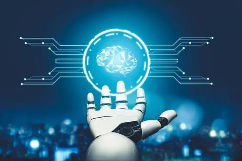 Futuristic AI thinking of droid robot artificial intelligence concept Illustrazione stock