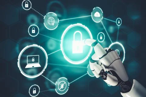 Futuristic AI thinking of droid robot artificial intelligence concept Stock-Illustration