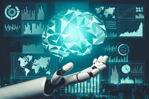 Futuristic AI thinking of droid robot artificial intelligence concept Stock Illustration