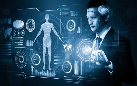 Futuristic AI thinking of droid robot artificial intelligence concept Illustrazione stock