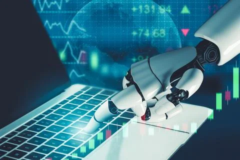 Futuristic AI thinking of droid robot artificial intelligence concept Stock Illustration