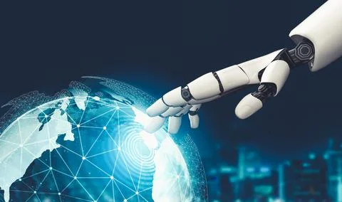 Futuristic AI thinking of droid robot artificial intelligence concept Stock Illustration
