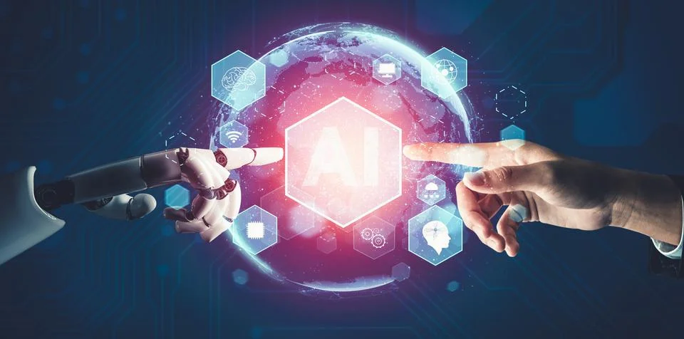 Futuristic AI thinking of droid robot artificial intelligence concept Stock Illustration