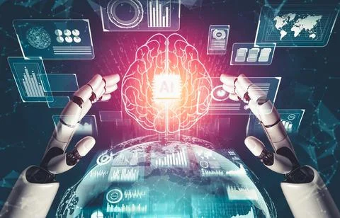 Futuristic AI thinking of droid robot artificial intelligence concept Illustrazione stock