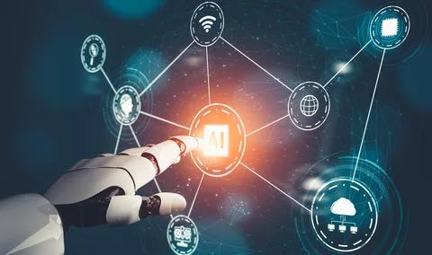 Futuristic AI thinking of droid robot artificial intelligence concept Stock Illustration