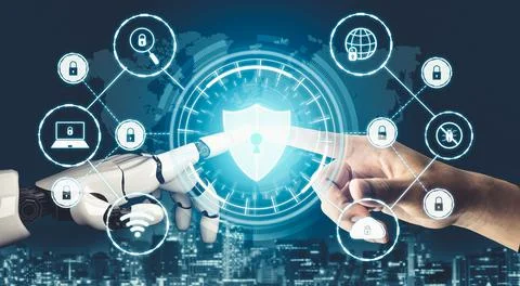 Futuristic AI thinking of droid robot artificial intelligence concept Stock Illustration