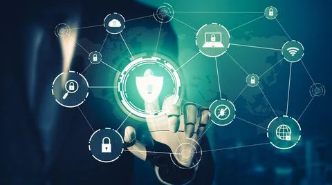 Futuristic AI thinking of droid robot artificial intelligence concept Stock-Illustration